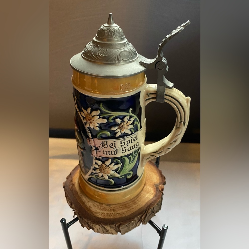 Vintage German beer stein- beautiful high relief design- pub scene / edelweiss